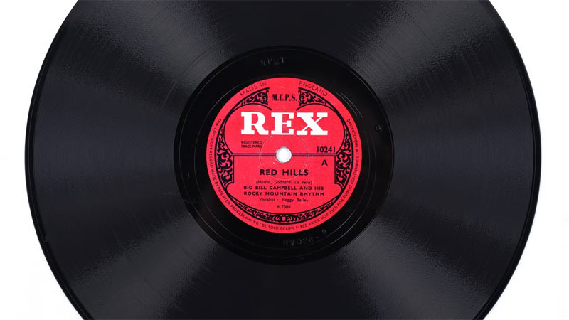 Photo of a 78-rpm record by Big Bill Campbell and His Rocky Mountain Rhythm, released in 1947 and included in the British Archive of Country Music collection