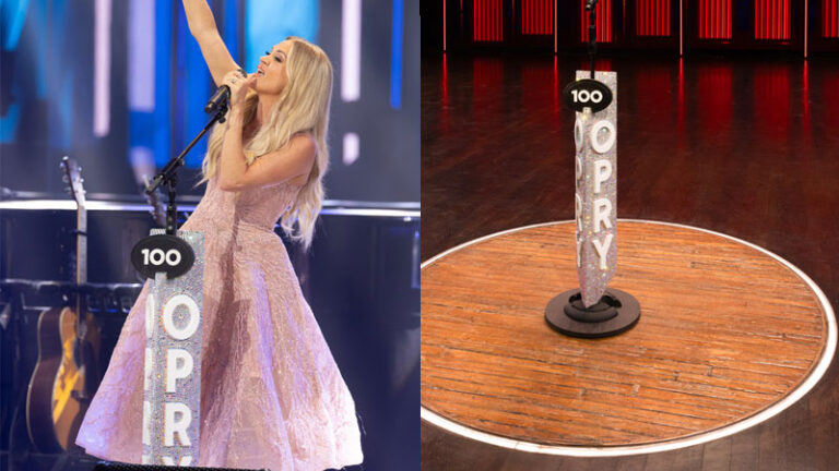 Carrie Underwood unveils Opry 100 rhinestone-designed mic stand
